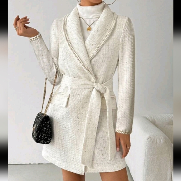 Women's Elegant Tweed Wrap Top With Belt Contrast,Long Sleeve - Picture 1 of 4